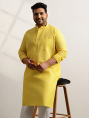 Men's Pure Cotton Self Striped Yellow Long Kurta