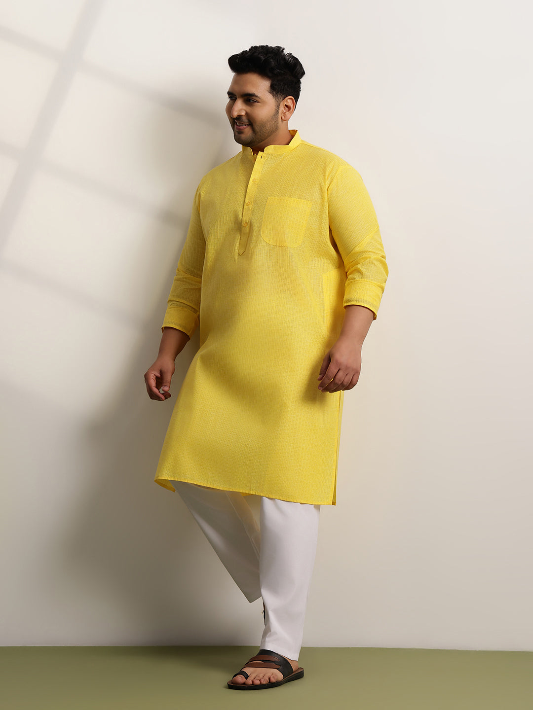 Men's Pure Cotton Self Striped Yellow Long Kurta