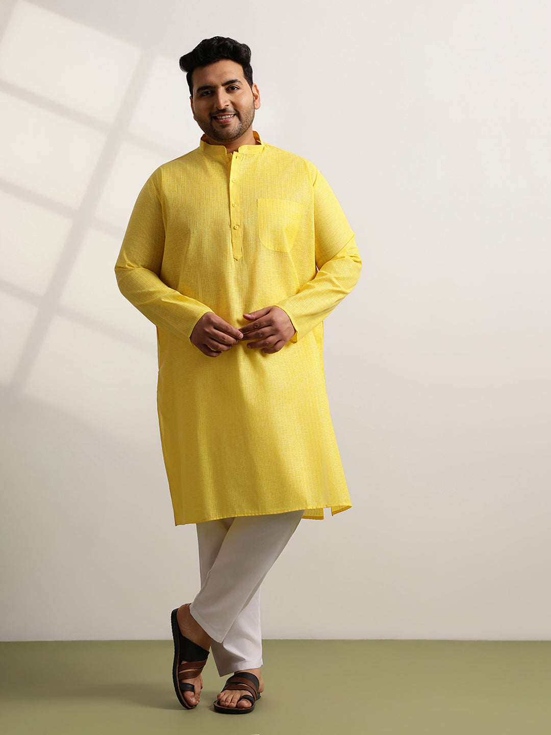 Men's Pure Cotton Self Striped Yellow Long Kurta