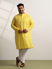 Men's Pure Cotton Self Striped Yellow Long Kurta