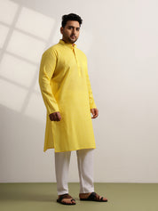 Men's Pure Cotton Self Striped Yellow Long Kurta