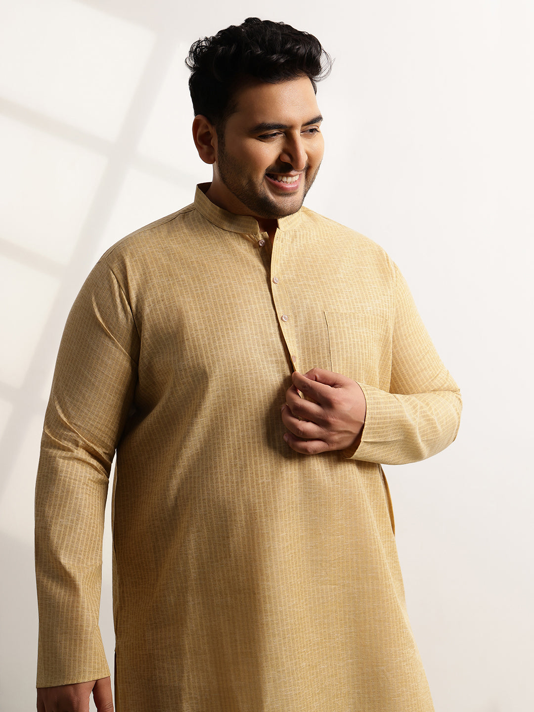 Men's Pure Cotton Self Striped Gold Long Kurta