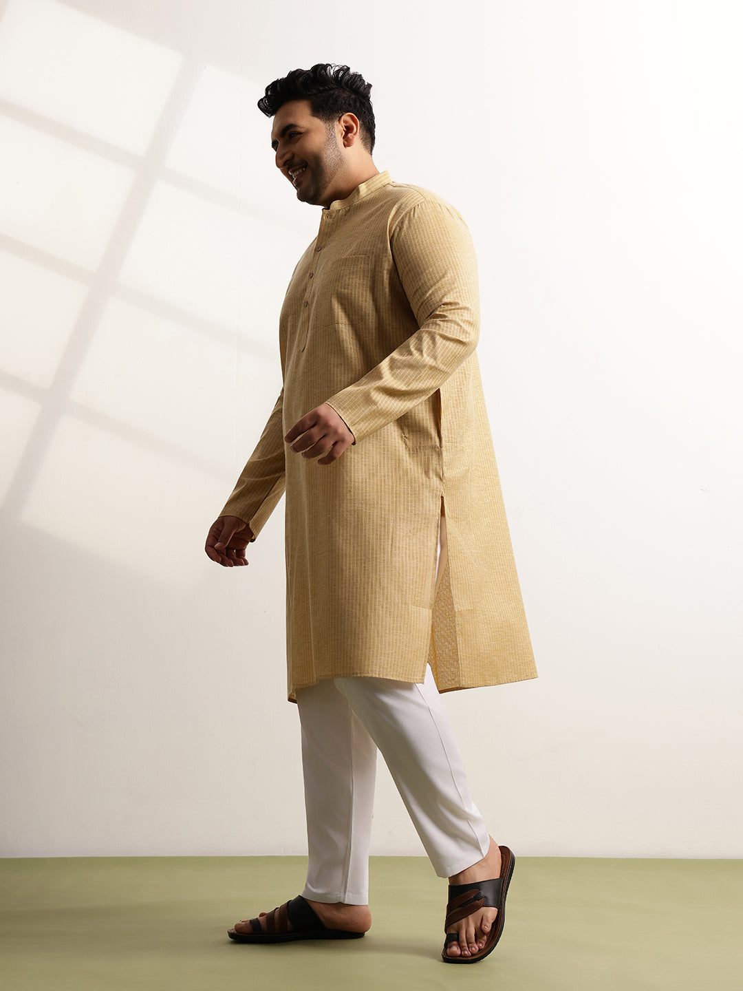 Men's Pure Cotton Self Striped Gold Long Kurta