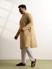 Men's Pure Cotton Self Striped Gold Long Kurta