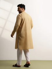 Men's Pure Cotton Self Striped Gold Long Kurta