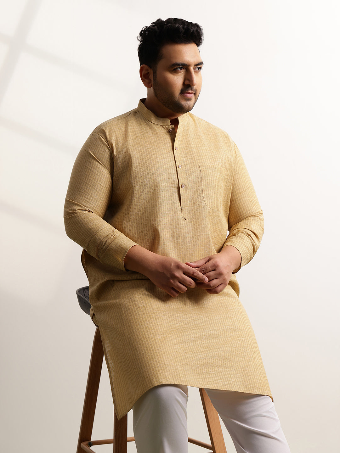 Men's Pure Cotton Self Striped Gold Long Kurta
