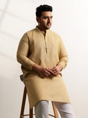 Men's Pure Cotton Self Striped Gold Long Kurta