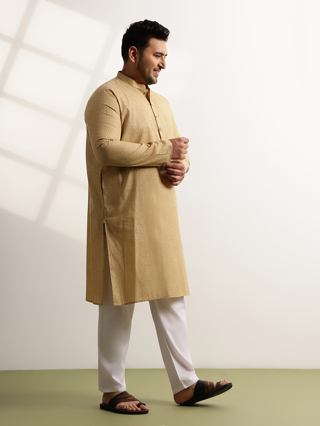 Men's Pure Cotton Self Striped Gold Long Kurta