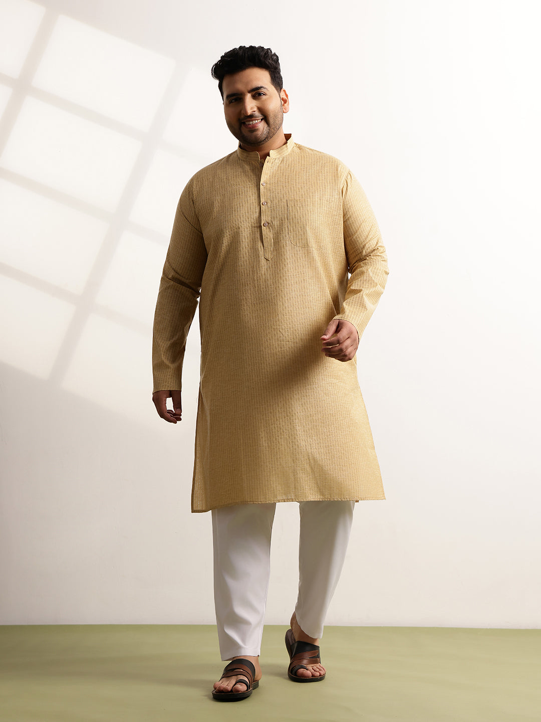 Men's Pure Cotton Self Striped Gold Long Kurta