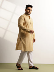 Men's Pure Cotton Self Striped Gold Long Kurta