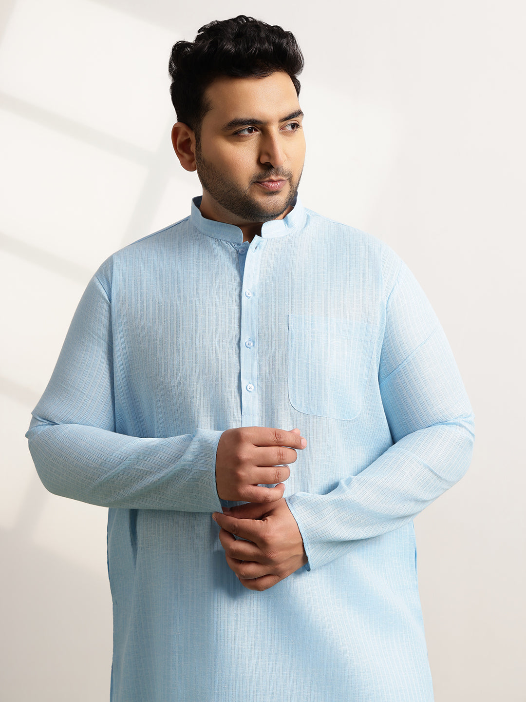 Men's Pure Cotton Self Striped Blue Long Kurta