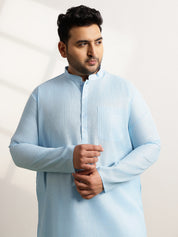 Men's Pure Cotton Self Striped Blue Long Kurta