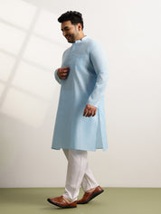 Men's Pure Cotton Self Striped Blue Long Kurta