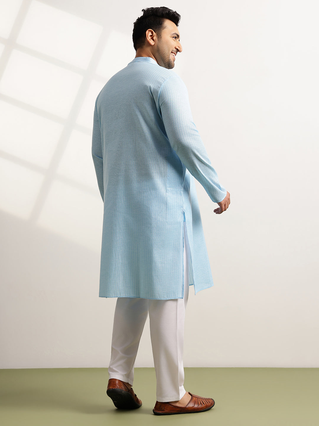 Men's Pure Cotton Self Striped Blue Long Kurta