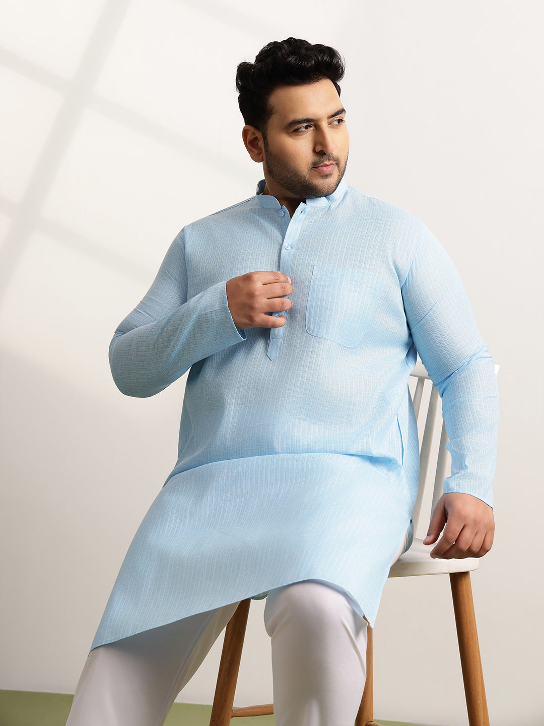 Men's Pure Cotton Self Striped Blue Long Kurta