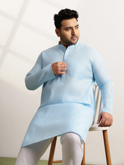 Men's Pure Cotton Self Striped Blue Long Kurta
