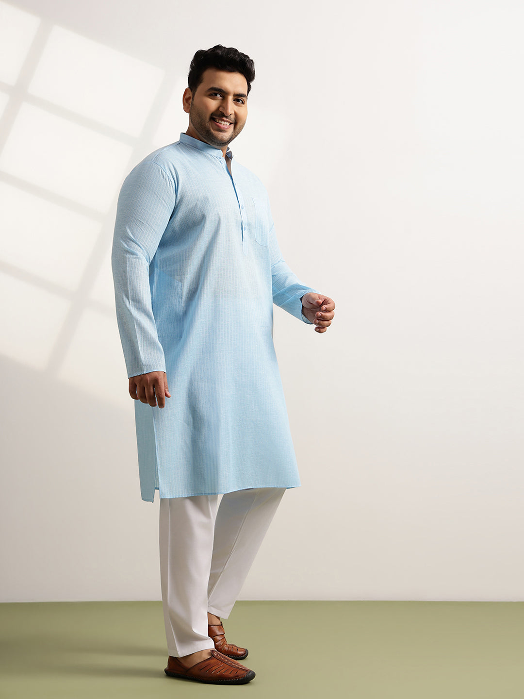 Men's Pure Cotton Self Striped Blue Long Kurta