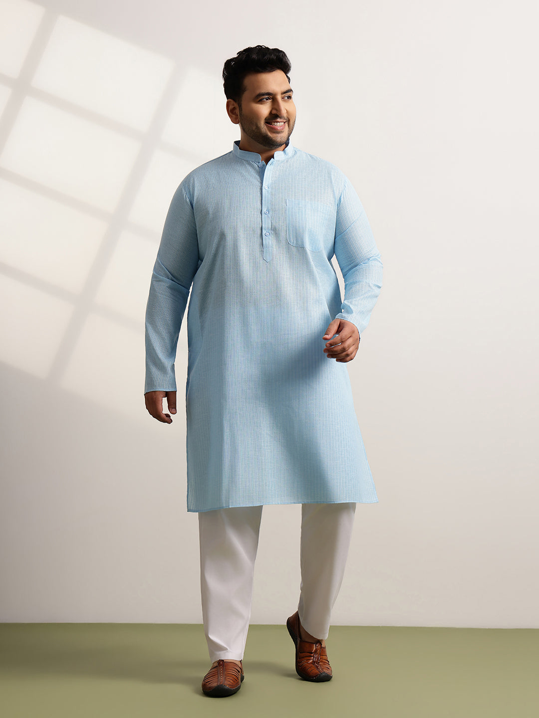 Men's Pure Cotton Self Striped Blue Long Kurta