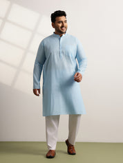 Men's Pure Cotton Self Striped Blue Long Kurta