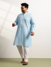 Men's Pure Cotton Self Striped Blue Long Kurta