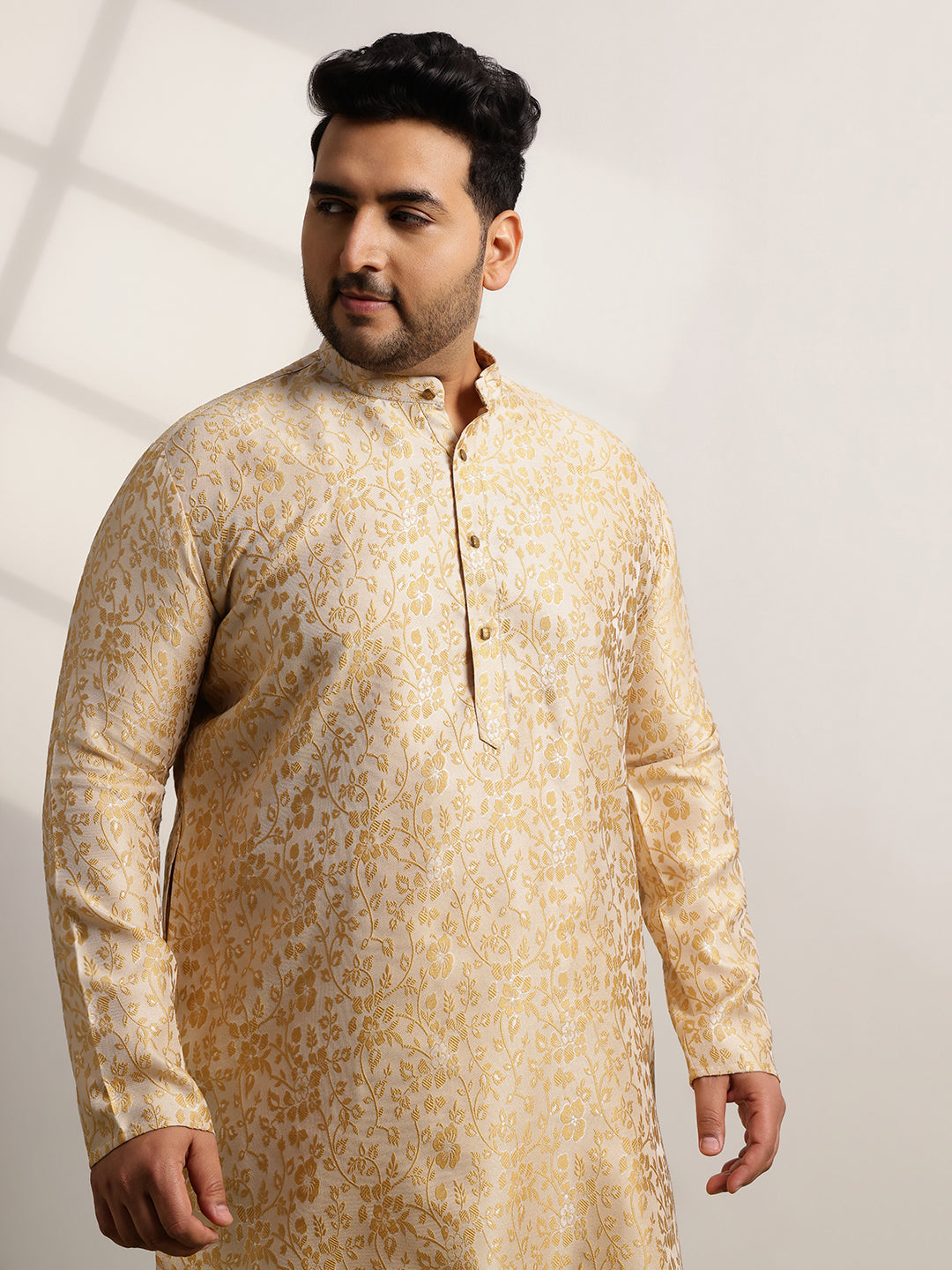 Men’s Jacquard Floral Brocade Beige Long Kurta