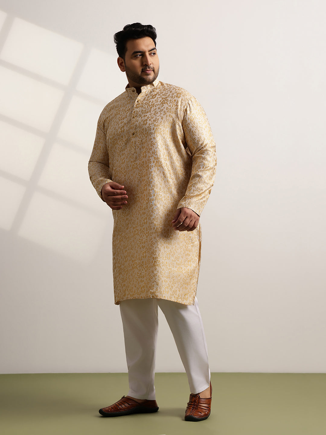 Men’s Jacquard Floral Brocade Beige Long Kurta