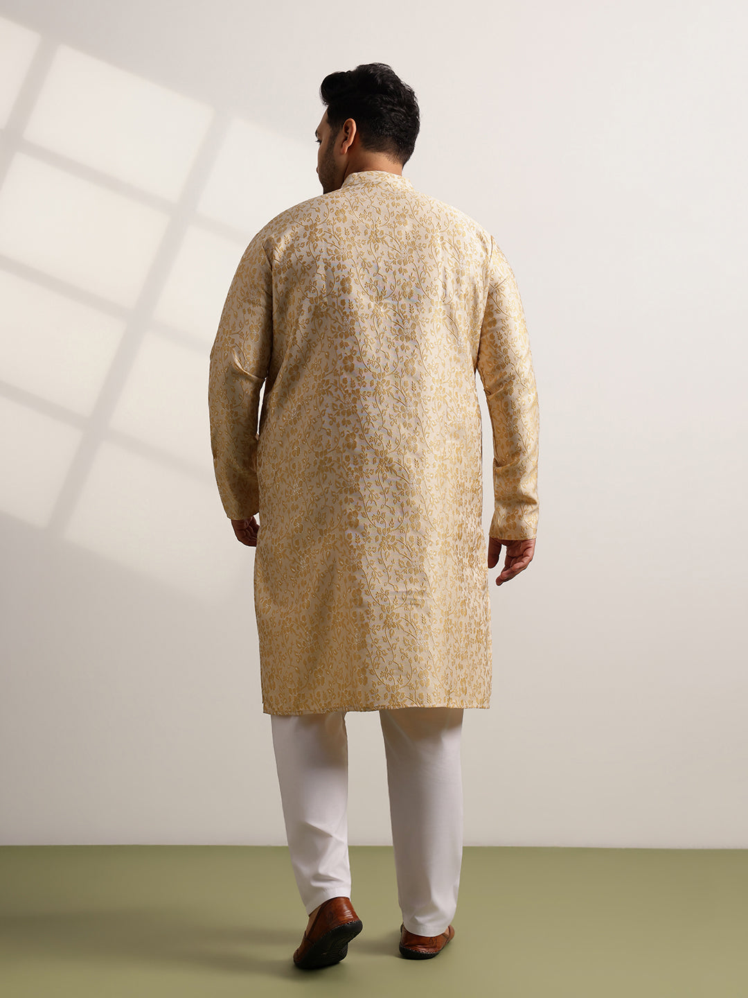 Men’s Jacquard Floral Brocade Beige Long Kurta