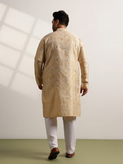 Men’s Jacquard Floral Brocade Beige Long Kurta