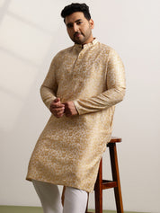 Men’s Jacquard Floral Brocade Beige Long Kurta