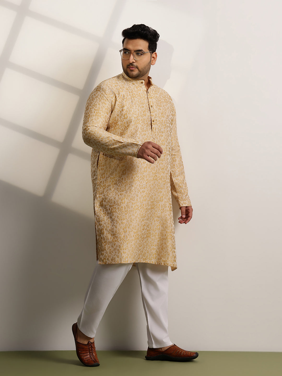 Men’s Jacquard Floral Brocade Beige Long Kurta