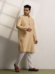 Men’s Jacquard Floral Brocade Beige Long Kurta