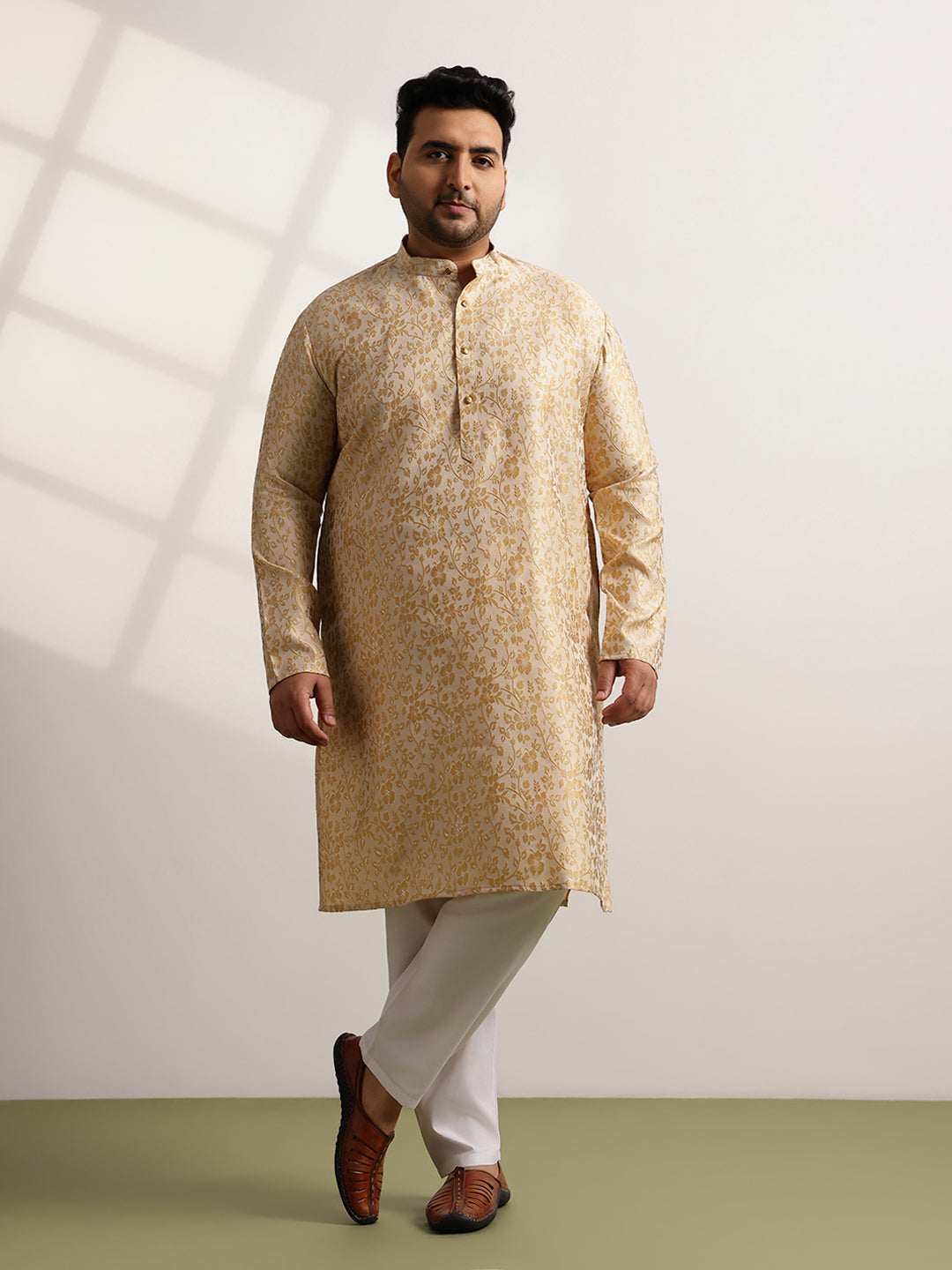 Men’s Jacquard Floral Brocade Beige Long Kurta