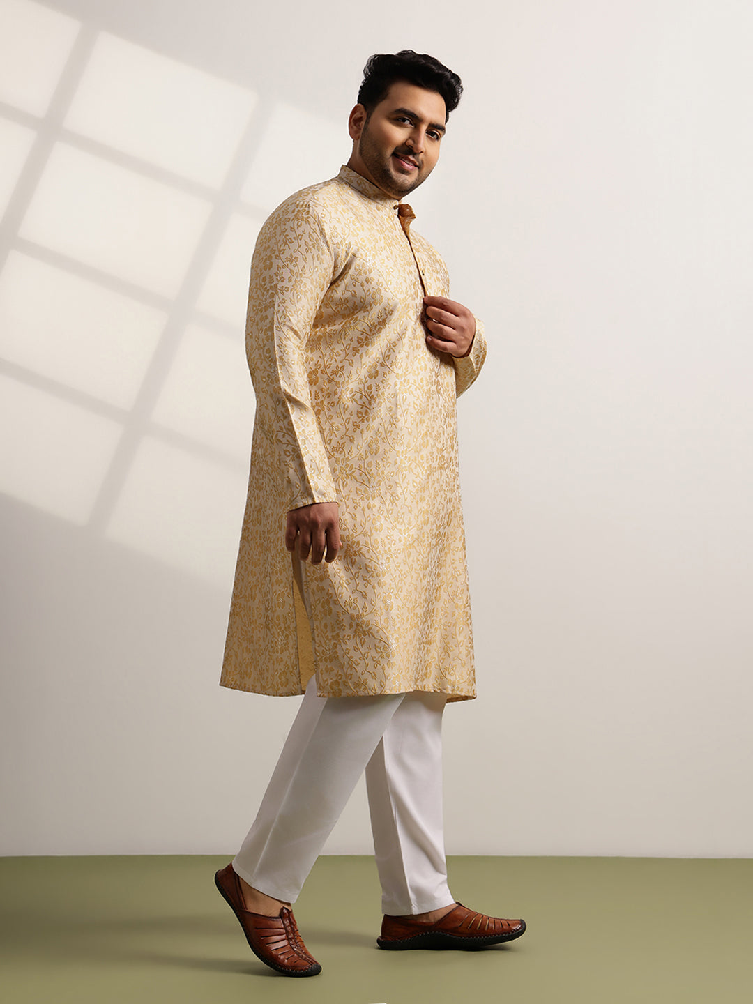 Men’s Jacquard Floral Brocade Beige Long Kurta