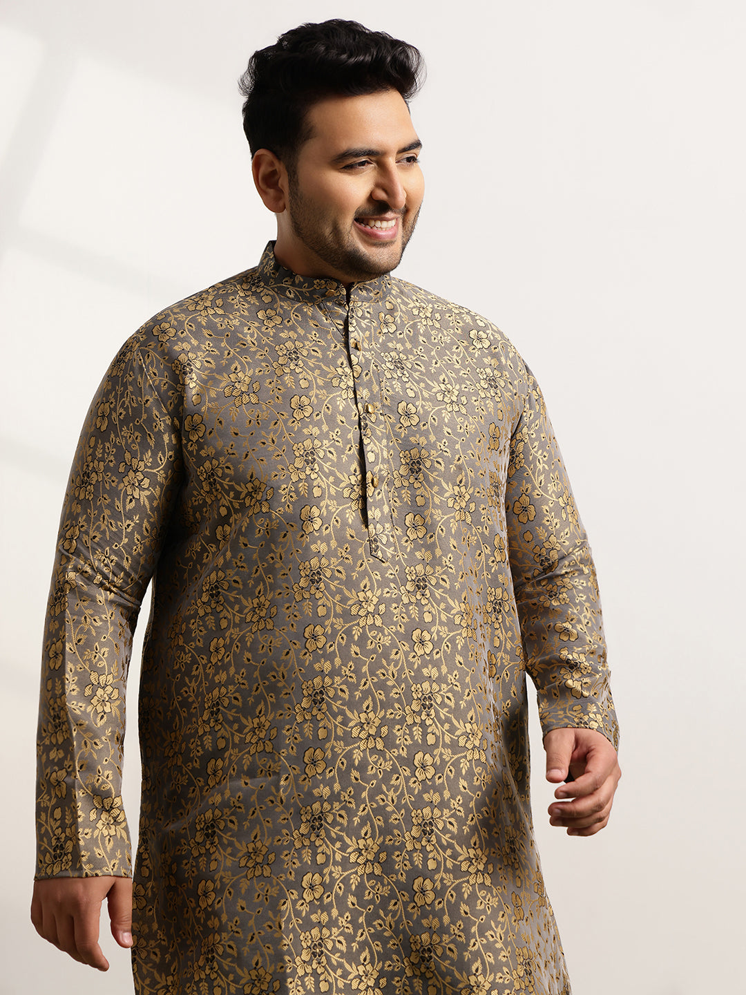 Men’s Jacquard Floral Brocade Grey Long Kurta