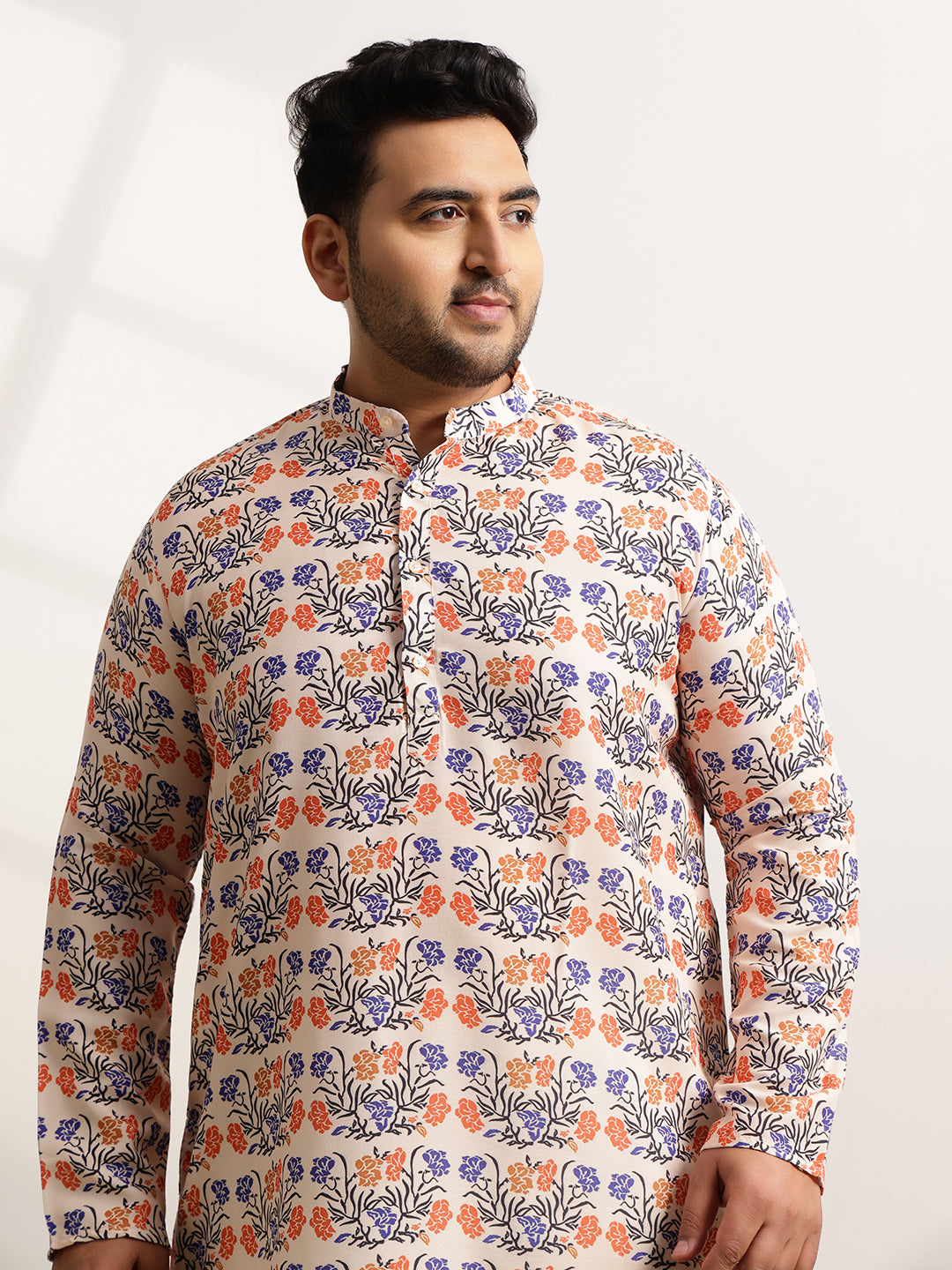 Men's Cotton Multi Floral Print Beige Kurta