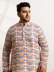 Men's Cotton Multi Floral Print Beige Kurta