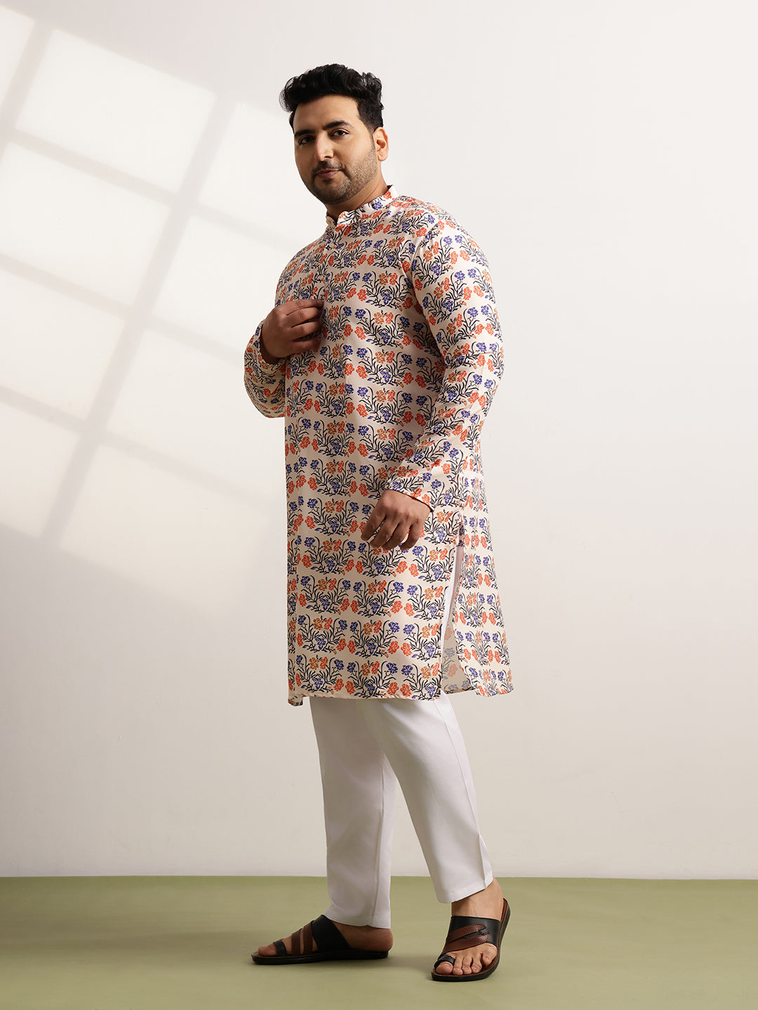 Men's Cotton Multi Floral Print Beige Kurta
