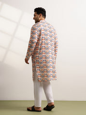 Men's Cotton Multi Floral Print Beige Kurta