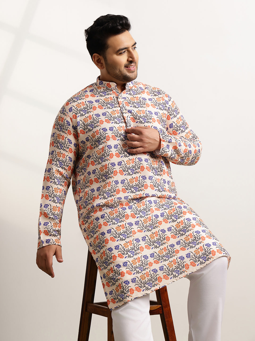 Men's Cotton Multi Floral Print Beige Kurta