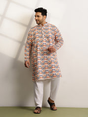 Men's Cotton Multi Floral Print Beige Kurta