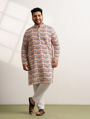 Men's Cotton Multi Floral Print Beige Kurta