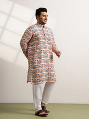 Men's Cotton Multi Floral Print Beige Kurta