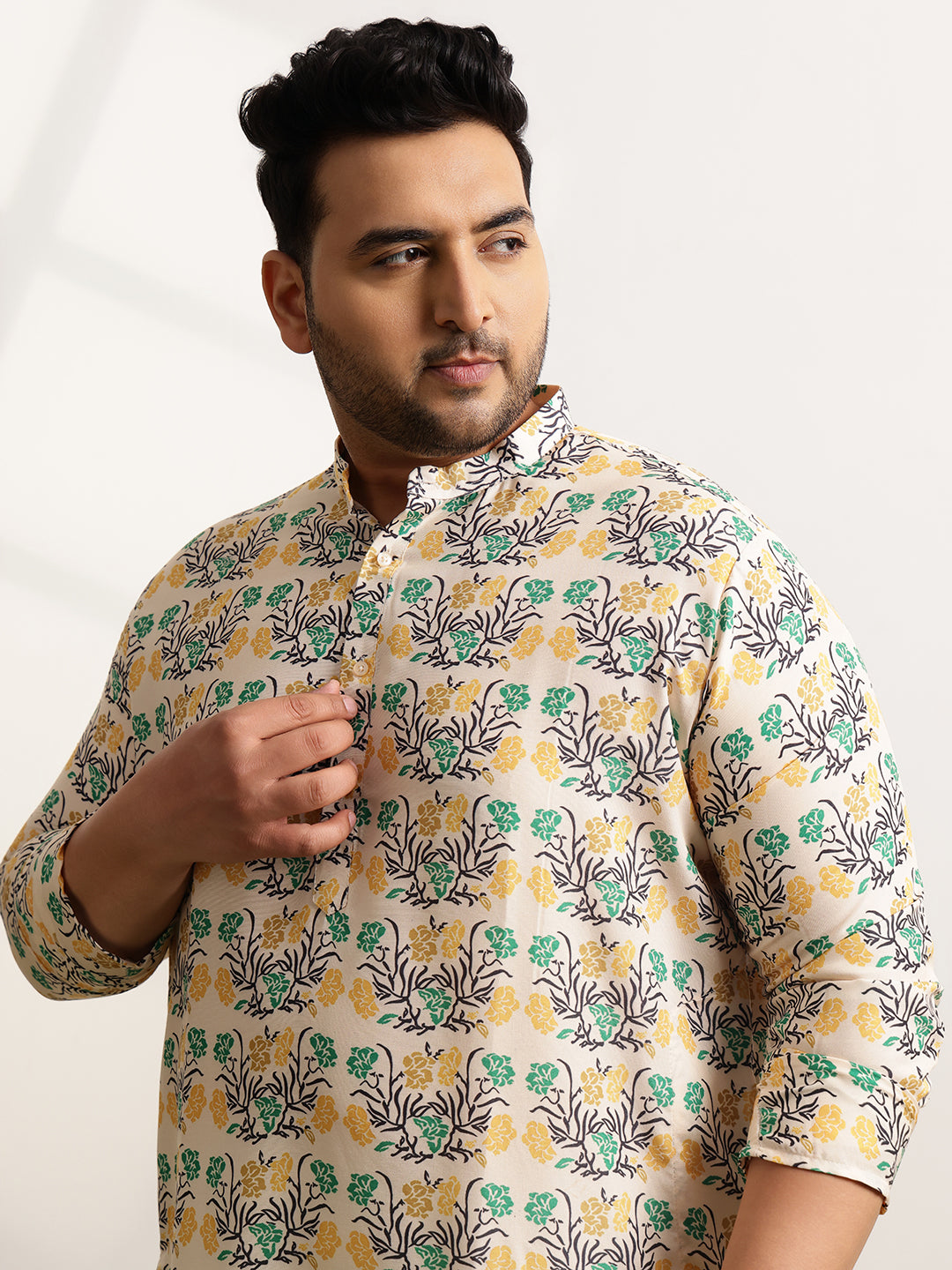 Men's Cotton Multi Floral Print Yellow Kurta