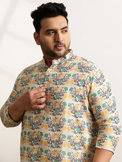 Men's Cotton Multi Floral Print Yellow Kurta