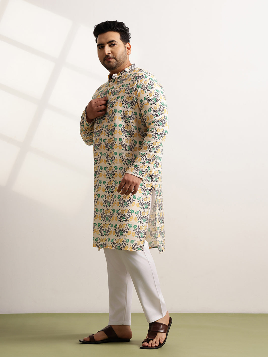 Men's Cotton Multi Floral Print Yellow Kurta