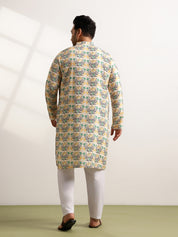 Men's Cotton Multi Floral Print Yellow Kurta