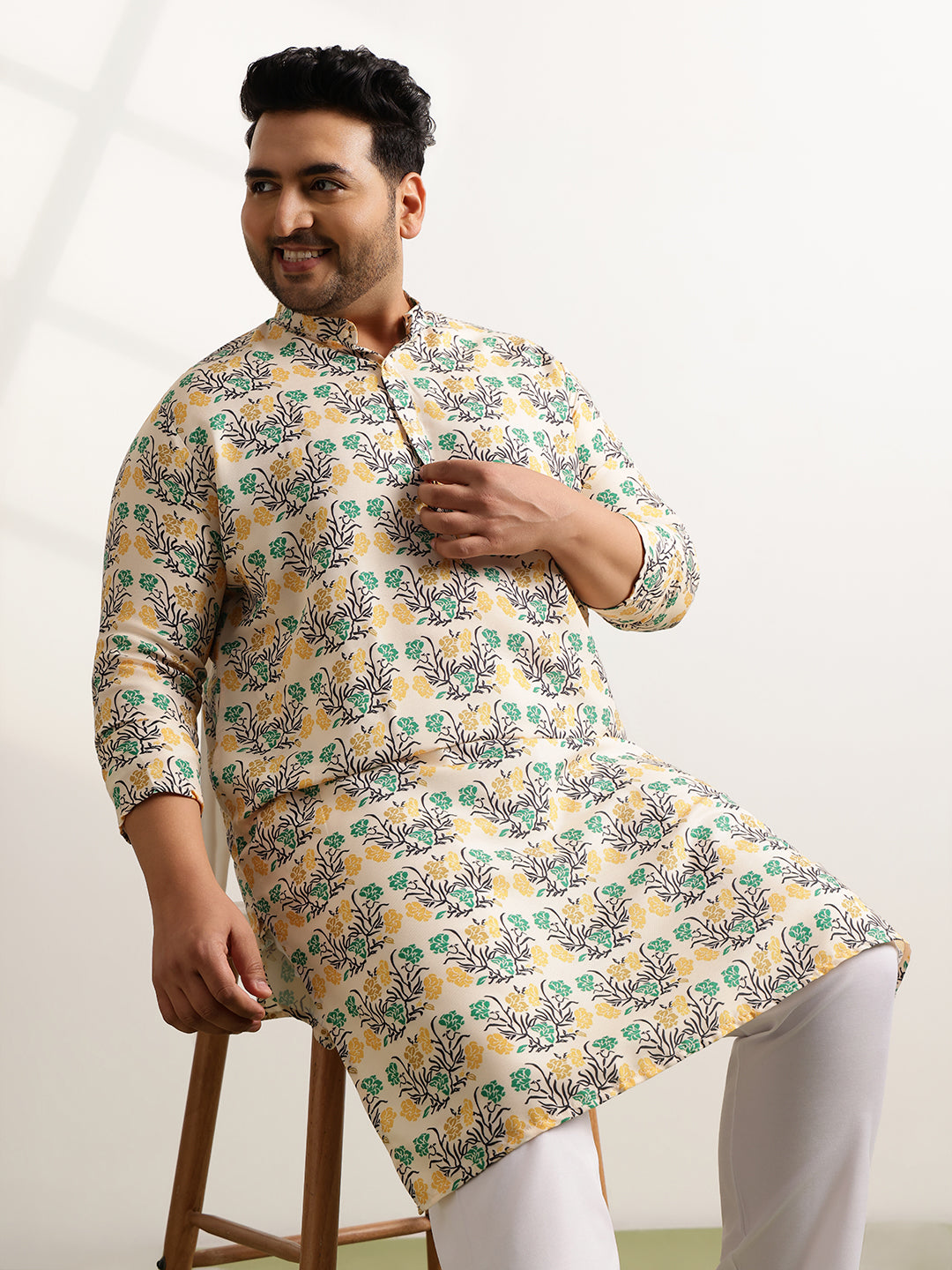 Men's Cotton Multi Floral Print Yellow Kurta