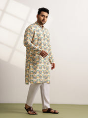 Men's Cotton Multi Floral Print Yellow Kurta
