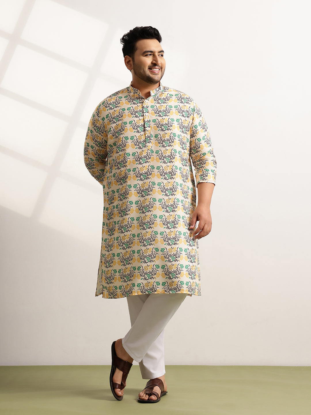 Men's Cotton Multi Floral Print Yellow Kurta
