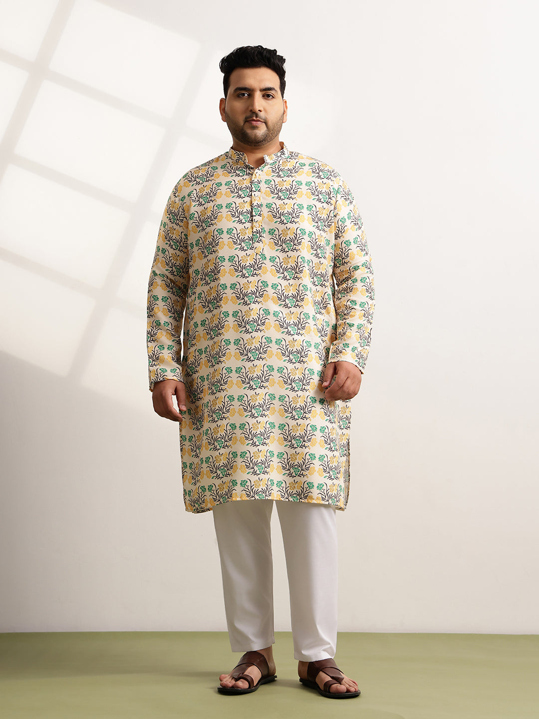 Men's Cotton Multi Floral Print Yellow Kurta